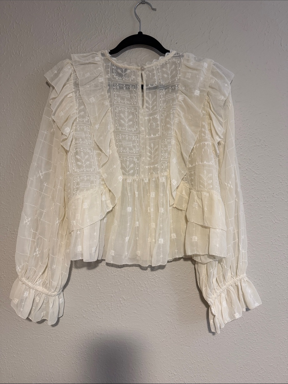 Women's Cream Ruffled Lace Peasant Blouse - Picture 2 of 3